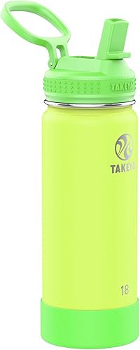 Takeya Actives Kids - Botella de agua de acero inoxidable aislada que brilla en la oscuridad de 18 onzas con tapa y pajilla, color verde relámpago