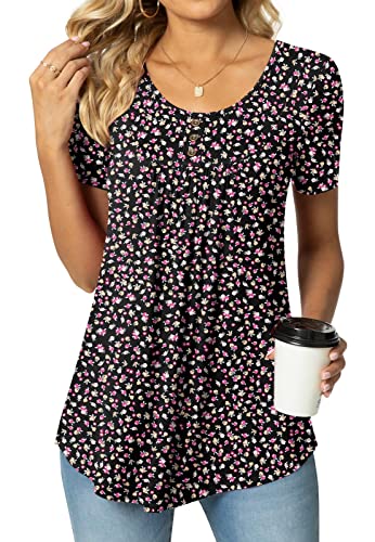 Netsmile Womens Summer Casual Short Sleeve Shirt For Leggings Pleated Button Up Tunic Top Loose Blouse, Xl, Little Flower Black #TOP15