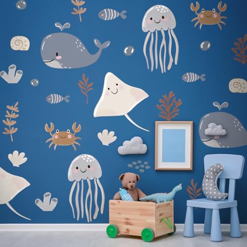 Under the Sea Animals Wall Decal, Peel and Stick Ocean Animals Mural, Playful Sea Creatures Wall Stickers for Kids, Boys and Girls Room, Bedroom & Nursery Decor (Ocean Whale Wall Decals 73)
