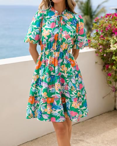 BTFBM Women Summer Floral Short Dresses V Neck Short Sleeve Tiered Ruffle Boho Swing Dress A-Line Mini Dresses(Floral Green Orange,Small) — view 2