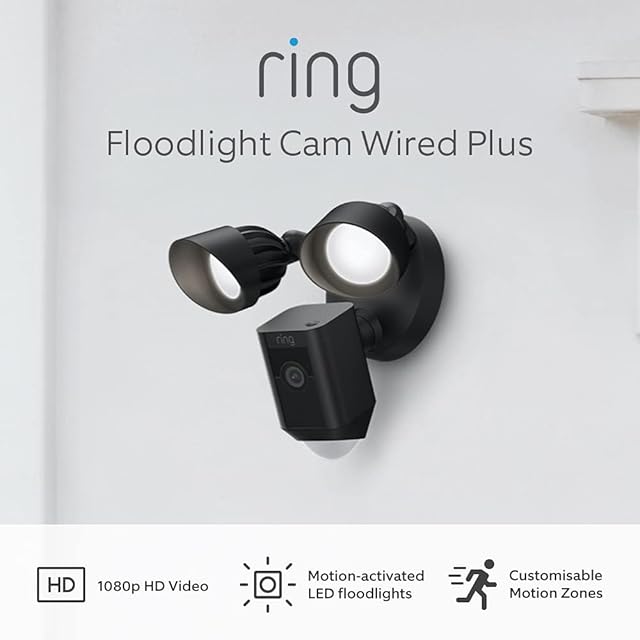 Ring Floodlight Cam Wired Plus by Amazon | Outdoor Security Camera 1080p HD Video, LED Floodlights, Siren, Wifi, Hardwired | alternative to CCTV system | 30-day free trial of Ring Protect | Black