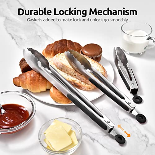 18/8 Stainless Steel Kitchen Tongs: U-Taste 7+9+12 Inch Heat Resistant Cooking Tong With Sturdy Metal Tips & Non Slip Silicone Handle & Smooth Locking For Serving Bbq (Set Of 3, Black) #TOP6