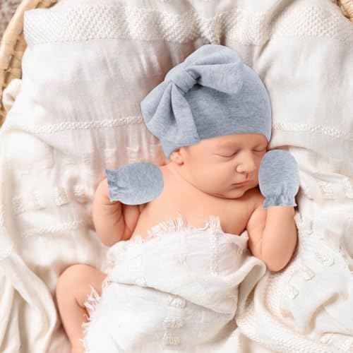 Newborn Baby Girl Hats Mittens Set Toddler Cotton Bow Beanie Infant Baby Cap Winter Hat for Girls Boys4