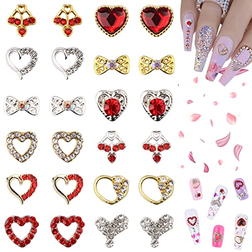 60 Pcs 3D Alloy Heart Nail Charms Ebanku Bows Nail Art Charms Metal Heart Shape Nail Rhinestones Gems Diamonds For Valentine's Day Nail Art Craft Accessories #TOP11