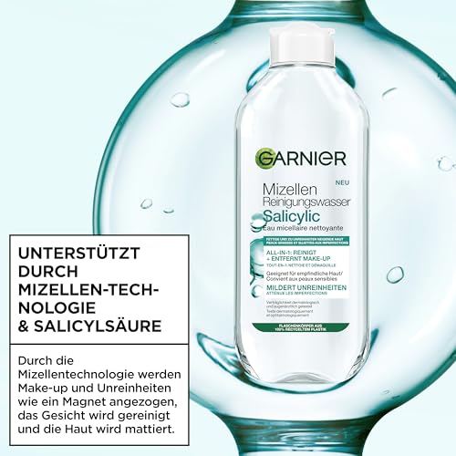 Garnier Mizellen Reinigungswasser Salicylic – All-in-1 Gesichtsreinigung & Make-up Entferner mit Salicylsäure – Für fettige, unreine & empfindliche Haut – Mattierend & klärend – 400ml