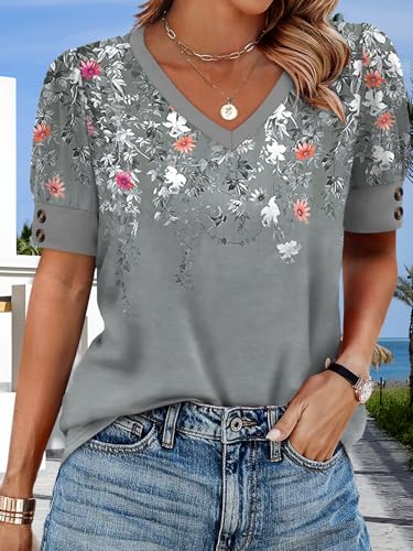 Womens Tops Short Sleeve Shirts Buttons V Neck Spring Fashion Summer Outfits Plus Size Blouses Dressy Casual, Floral Grey, XX-Large