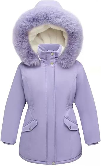 Girl Winter Fleece Coat Long Puffer Jacket with Faux Fur Hood Waterproof Clothes