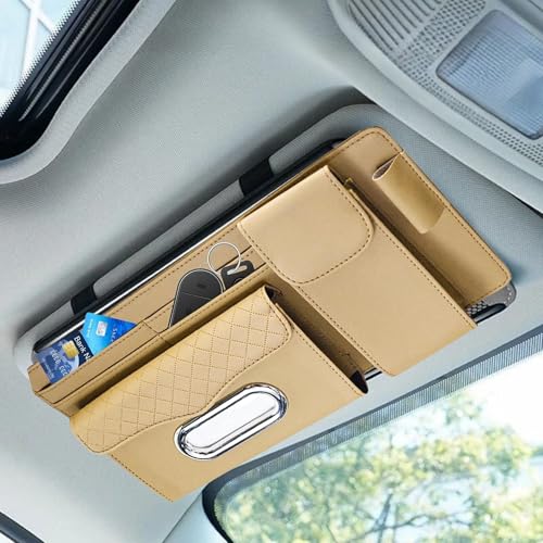 Image of DETACHI Car Sun Visor Organizer with Tissue Paper, Sunglass Pen Card Small Document Storage Pouch & PhoneHolder, Leatherette, Multi-Pocket with Zipper Net-(Beige, 18X3X37CM)