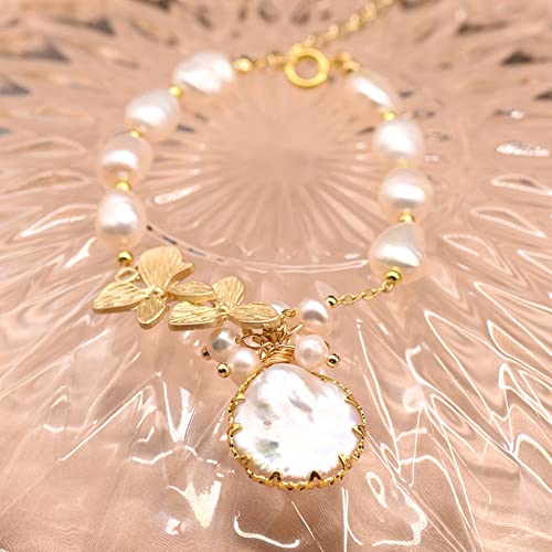 Elexis 19K Gold Dainty Baroque Pearl Bracelet For Women Wedding Handmade Originals Trendy Casual Freshwater Pearls Leaf Bracelet For Girls Sister Gift Hypoallergenic Engaged Comfy Bridesmaid Hanging Jewelry #TOP6