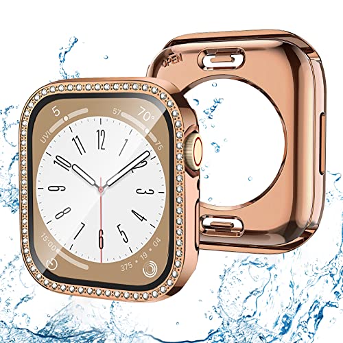 (2-in-1) Bling Waterproof Case Compatible for Apple Watch 45mm Series 8/7 Screen Protector, Front & Back Women Glitter Diamond Crystal Full Protective Bumper Face Cover for iWatch 45mm,Rosegold