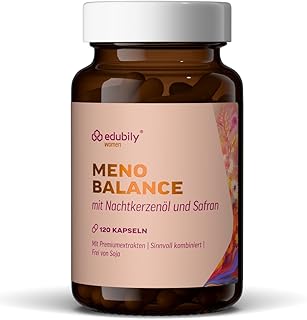 edubily® Meno Balance Kapseln – Pflanzlicher Komplex mit Nachtkerzenöl, Safran-, Hopfen-, Rotklee- & Ginseng-Extrakt für Frauen rund um die Menopause - Standardisiert - Ohne Soja - Vegan (120 Kapseln)