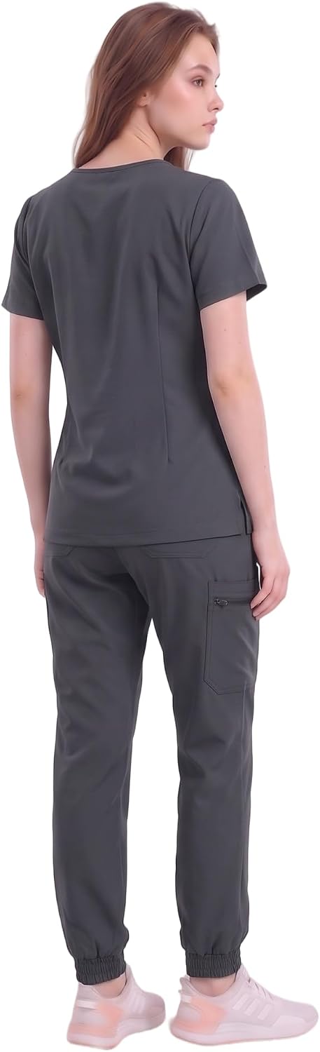 Scrubs for Women Set Medical Uniform - V-Neck Top & Straight Leg Pants with 9 Pockets, Wrinkle-Resistant Unisex Workwear
