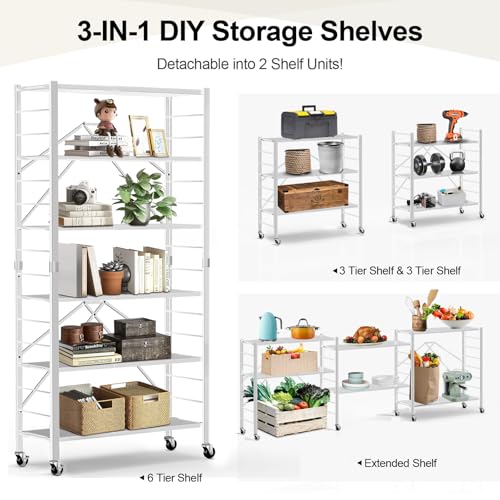 Image of Himix 6-Tier Foldable Storage Shelves Expandable Shelf Wheels White 2-in-1 | Folding shelving units, Metal collapsible organization, Changeable into 2 shelf units, Garage, Kitchen, Holds 3600 Ibs