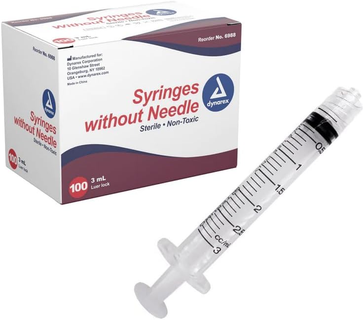 100/Pack Plastic Steril Syringes 3cc/ml Luer Lock Tip (No Needle) Oral Use Medical / Dental Syringes Packed Individually, Latex Free