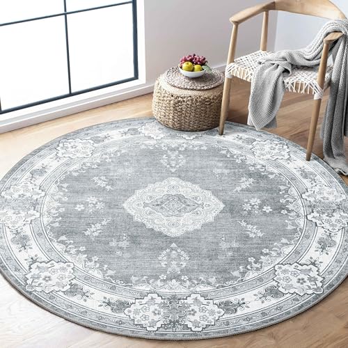 MUJOO Grey Round Rug 4ft Small Circle Washable Area Rug Non Slip Floral