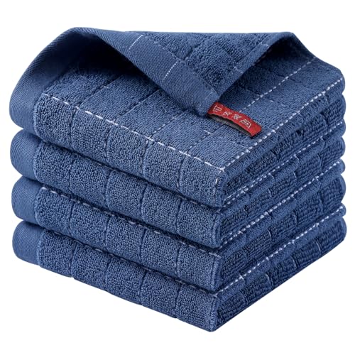 Homaxy 100% Cotton Terry Kitchen Dish Cloths, 4 Pack, Navy Blue