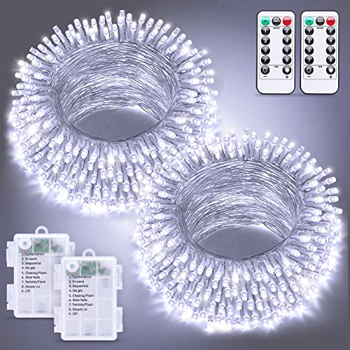 Image of JMEXSUSS 2 Pack White Battery Operated Christmas String Lights, Each 33ft 100 LED Wedding Lights Outdoor Indoor, with 8 Modes Remote Waterproof