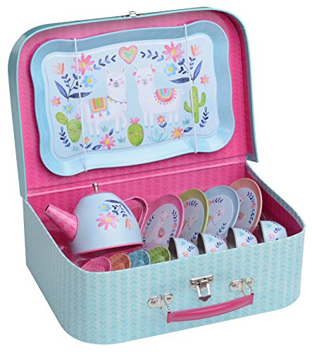 Jewelkeeper 15 Piece Kids Pretend Toy Tin Tea Set & Carry Case - Llama Design