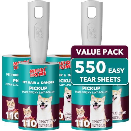Image of Lint Rollers for Pet Hair Extra Sticky, 550 Sheets Mega Value Set Lint Roller with 2 Upgraded Handles, 5 Rollers Portable Pet Lint Remover for Clothes, Furniture, Carpet, Dog & Cat Hair Removal