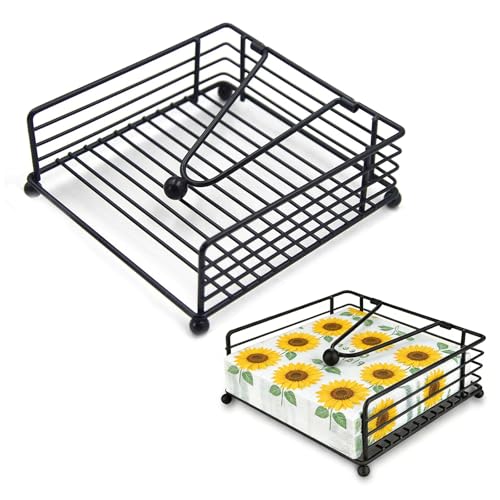 2 Stück Quadratischer Serviettenhalter Schwarz Metal Serviettenständer mit Beschwerter Stange Serviettenspender Napkin Holder Servietten Halterung für Outdoor Küche Restaurant Bar