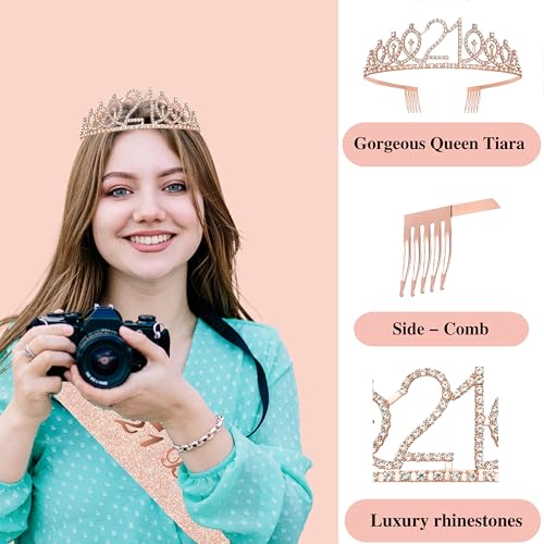 Image of 21st Birthday Decorations for her,Banner,Backdrop, it's my 21st Birthday Sash, Sweet Rhinestone Tiara Crown,Balloons