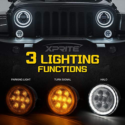 Image of Clear Lens Turn Signals Lights w /DRL Halo Compatible with 2007-2018 Jeep JK | Ultra-Bright LED, Parking Lights, ABS Plastic Shell, Waterproof, Plug N Play, Amber