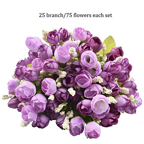 Artificial Flowers Roses and Rosebuds in Picket Fence Pot for Home Office Wedding Decoration (Set of 2, Purple)