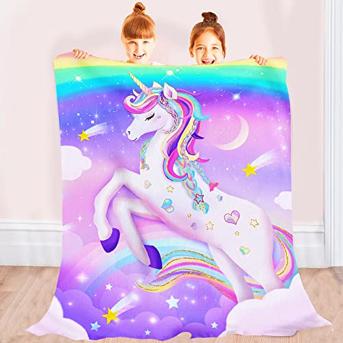 Unicorn Blanket, Rainbow Pink Unicorn Blanket for Girls Women Kids, Soft Flannel Fleece Cute Purple Unicorn Throw Blanket for Bed Living Room Couch, 50x60 Inches