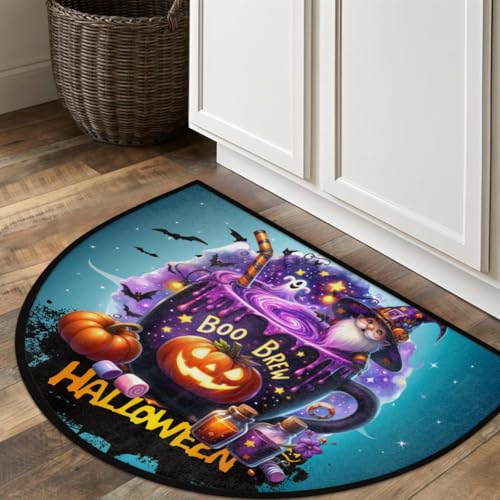 Image of Half Round Door Mat Halloween Potion Goblin Pumpkin Non-Slip Semi Circle Area Rug Washable Half Moon Hearth Rugs for Indoor Outdoor Bathroom Kitchen Patio Runner Mat Laundry Room Home Decoration
