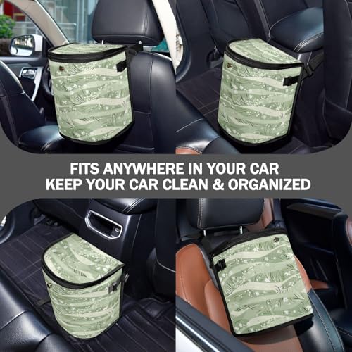 Image of Car Trash Can Sage Florals Green Car Garbage Bag with Lid Hanging Waterproof Leak Proof Vehicle Storage Bin