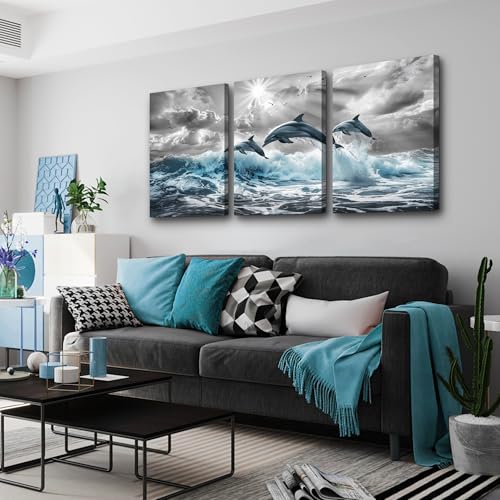DZRWUBHS Canvas Wall Decor For Living Room Large Wall Art For Bedroom Black And White Wall Pictures Blue Sea Wave Dolphins Wall Paintings Artwork Office Decoration Posters Modern Home Decor 3 Piece
