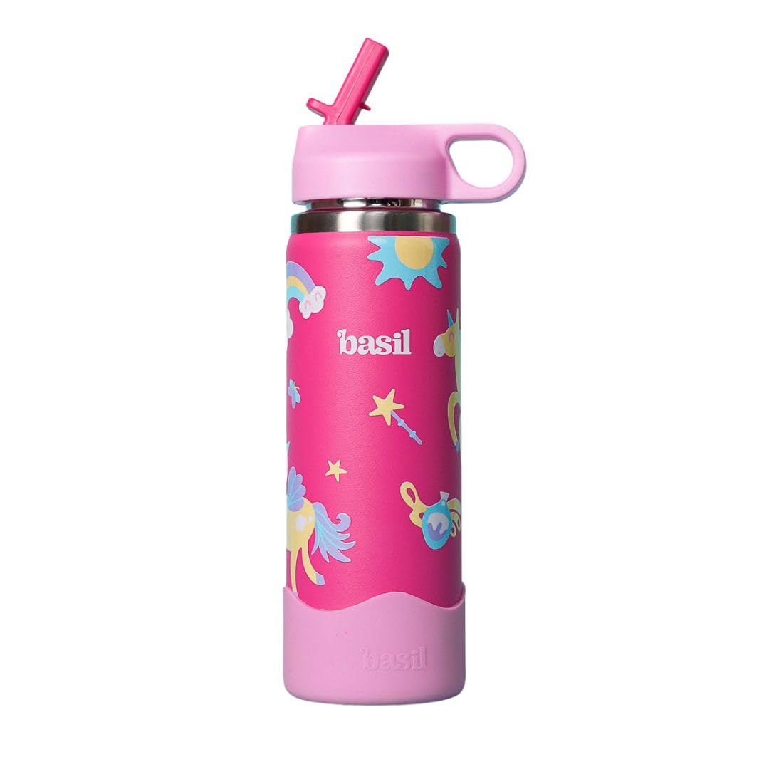 Basil HydraPop 600ml Stainless Steel Water Bottle for Kids | Insulated Hot & Cold Thermos Sipper Bottle | Leakproof School Bottle | Pixie Dash