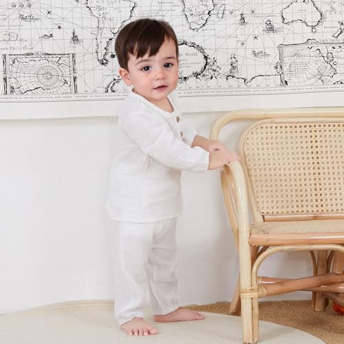 Image of VISGOGO Toddler Boy Linen Outfit Baby Boy Fall Winter Clothes Set Button-Down Shirt Tops Cotton Linen Pants 2PCS