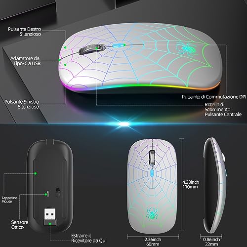 Mouse Wireless Ricaricabile con Convertitore USB e Tipo-C,RGB a 7 Colori,Portatile e Precisione Regolabile (800/1200/1600),Argenteo - Mouse gaming - Immagine 7