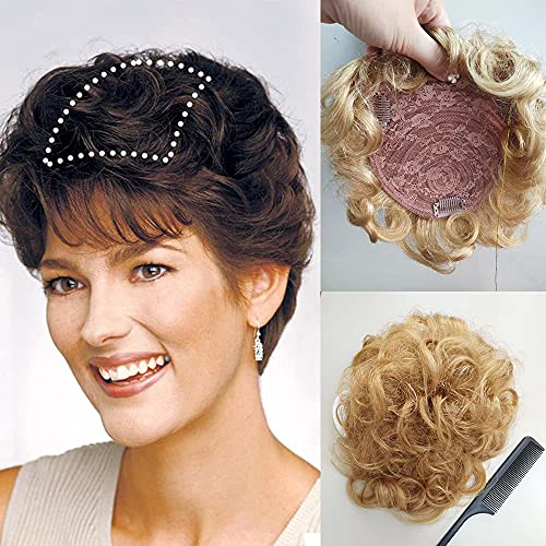 7  Short Curly Real Human Hair Topper with Front Bangs for Women,Breathable Wiglets Hairpieces 5.1x5.5  Large Coverage Women Toupee Clip in Top Hair Pieces Wavy Crown Topper Wigs(Strawberry Blonde)