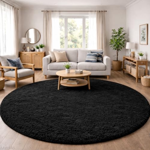 Image of Premium Polyester Shaggy Round Rug - Ultra Soft Fluffy Circle Carpet for Bedroom, Living Room, Kids Room, Anti-Skid Plush Floor Rug - (Black, 8 feet|240cm)