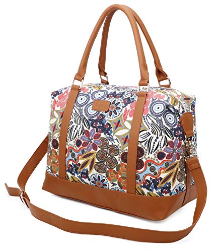 Ulgoo Travel Tote Bag Carry On Shoulder Bag Overnight Duffel in Trolley Handle (White Vintage)