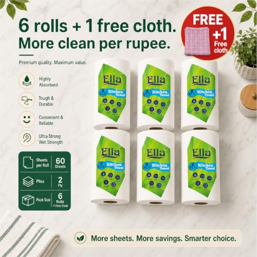 Image of Ella 2 Ply Kitchen Tissue /Towel Paper Roll Soft and Highly Absorbent - 6 Rolls (60 Pulls Per Roll 360 Sheets)