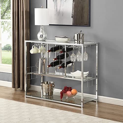 Glass Wine Rack Table With Glass Holders&Wine Racks, Wine Bar Cabinet With Storage, 3-Tier Liquor Bar For Home Kitchen Dining Room With Tempered Glass Shelves&Chrome-Finished Legs #TOP1