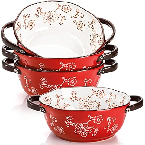 AVLA 4 Pack Ceramic Soup Bowls, 22 Ounces Porcelain Serving Bowl Set with Doundle Handle, Large Ceramic Crocks for French Onion Soup, Stew, Pasta, Cereal, Pot Pies (Red) Cover