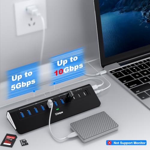 Image of Powered USB Hub 10Gbps, Intpw YH9AC Plus 13-Port USB 3.2 Hub(USB A /USB C 3.2+6 USB-A 3.0+2 PD 45W Fast Charging Ports+SD /TF Card Reader), 65W Power Adapter,Aluminum USB HUB for PC,Laptop,iPhone 17 /16