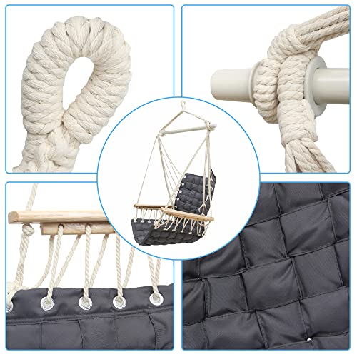 Image of Hammock Chair Hanging Swing with Wooden Armrests;Steel Spreader Bar and Anti-Slip Rings;Cotton Woven Fabric;Up to 300 Lbs for Bedroom,Patio,Porch,Deck-Indoor Outdoor Grey
