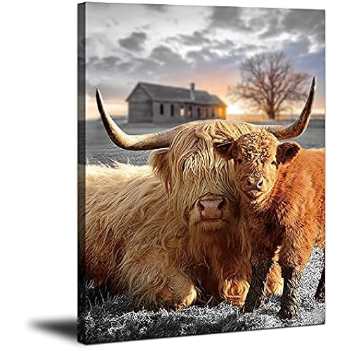 Highland Cow Canvas Wall Art Animal Print Pictures Highland Fluffy Cattle Photo Framed Farmhouse Painting 12x16 inches for Home Decor