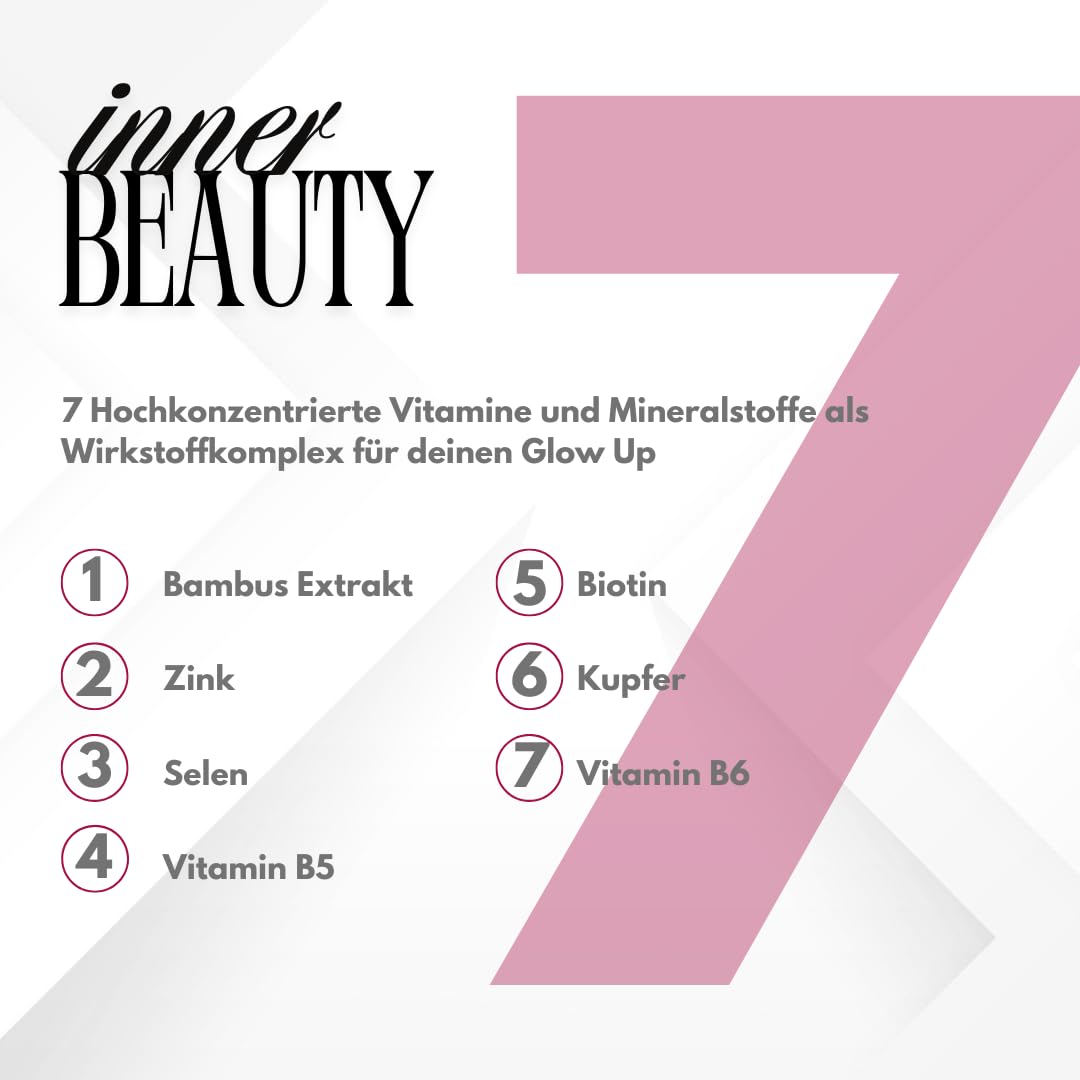 inner BEAUTY | Haut Haare Nägel Formel für die Frau | 120 Kapseln Haarvitamine, Biotin hochdosiert, Silicium aus Bambus Extrakt | 5000µg Biotin, Komplettversorgung Zink Selen | Haarvitamine