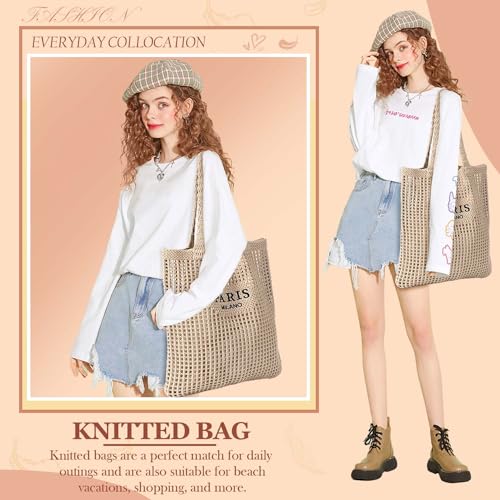 Image of Ayieyill Crochet Tote Bag For Women, Crochet Mesh Beach Tote Bag Summer Vacation Aesthetic Boho Knit Bag for Women