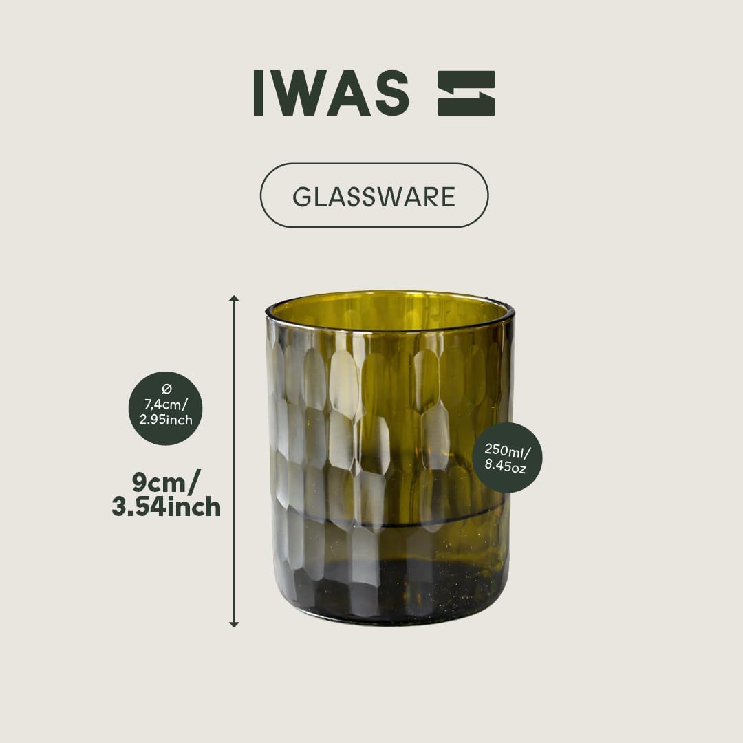 IWAS Upcycled Small Honeycomb Textured Drinking Glasses, Short, 8.45 oz / 250 ml, Set of 4 Olive Green Glasses, Handcrafted Sustainable Glassware - Image 3