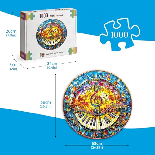 Rompecabezas redondo de 1000 piezas para adultos - 3D Vidrieras Piano Música | 26.8" de diámetro, desafío cerebral circular y decoración artística de pared, regalo consciente para la relajación familiar miniatura 3