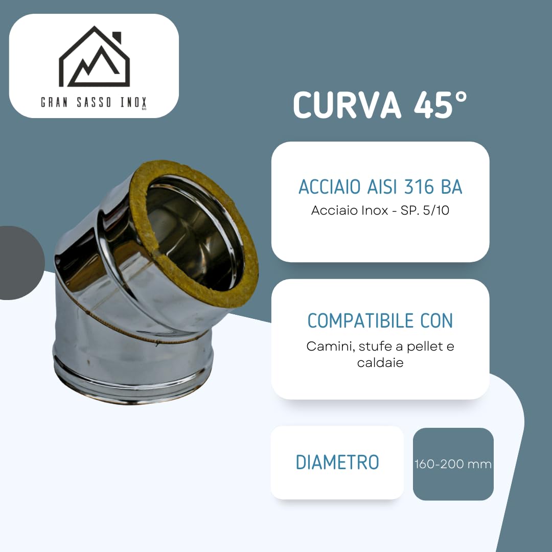 Curva 45° Coibentata Doppia Parete in Lana di Roccia - in Acciaio Inox AISI 316 BA SP. 5/10 – per Camini, Stufe a Pellet e Caldaie (Ø160-200 mm)