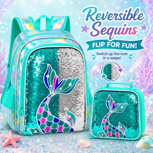 Image of 16 inch Mermaid Backpack for Girls, 3Pcs Sequin Fish Tail School Backpacks Set for Elementary Preschool Kindergarten, Kids Bookbag with Lunch Box (Green)