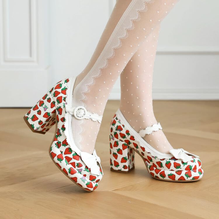 Women's Strawberry Printing Mary Janes Platform Square High Heel Pumps3
